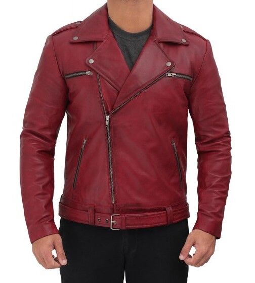 Men's Maroon Leather Jacket - Asymmetrical Zipper Jacket - Hi5Jackets